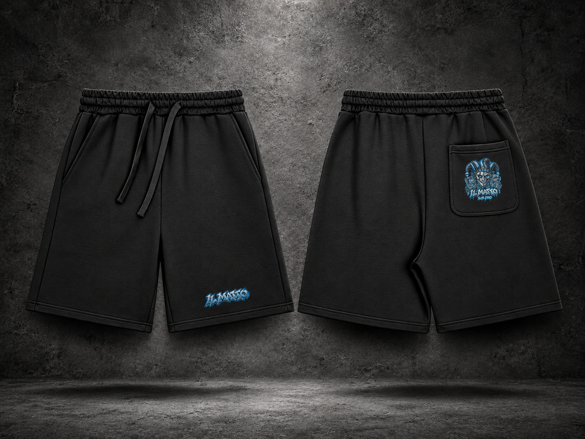 IL MATTO SUB ZERO black Signature Shorts, front logo and rear-pocket artwork, charcoal studio